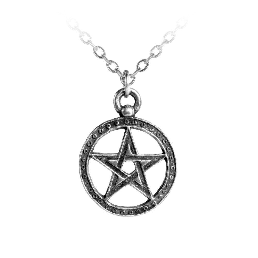 Silver pentagram pendant necklace on a white background