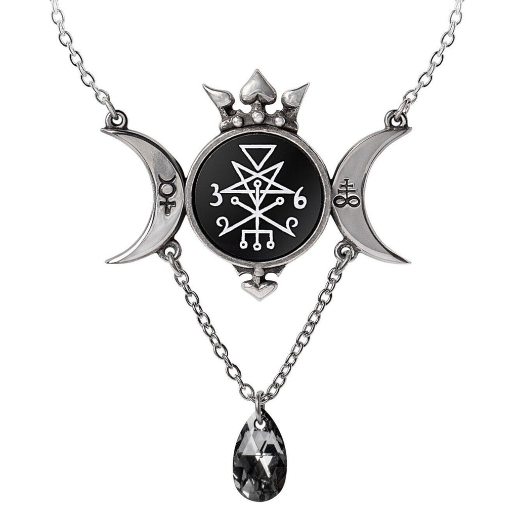Necklace with a central black circular pendant featuring a white symbol, flanked by crescent moon designs on either side, on a white background.