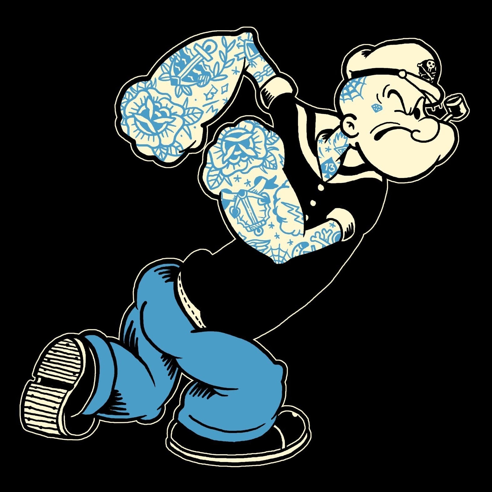 Cartoon character with tattoos and blue pants on a black background