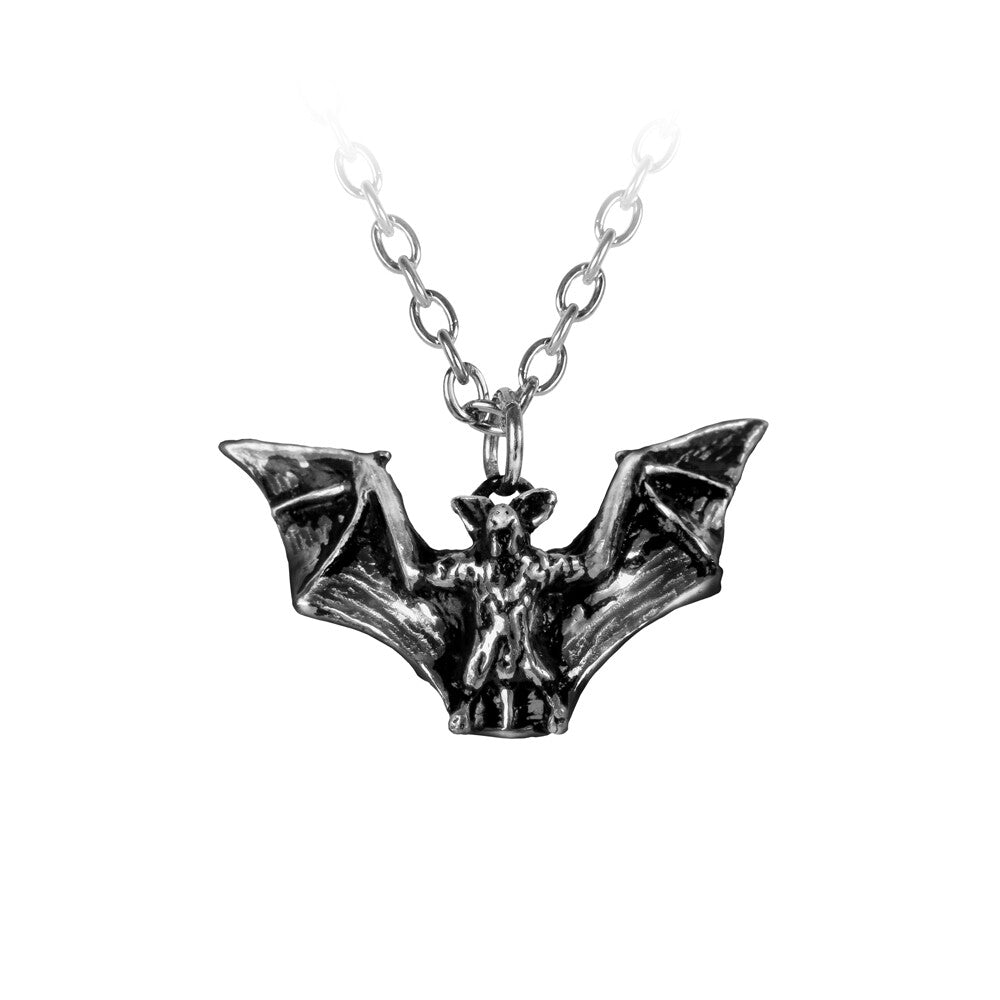 Silver bat pendant on a chain against a white background