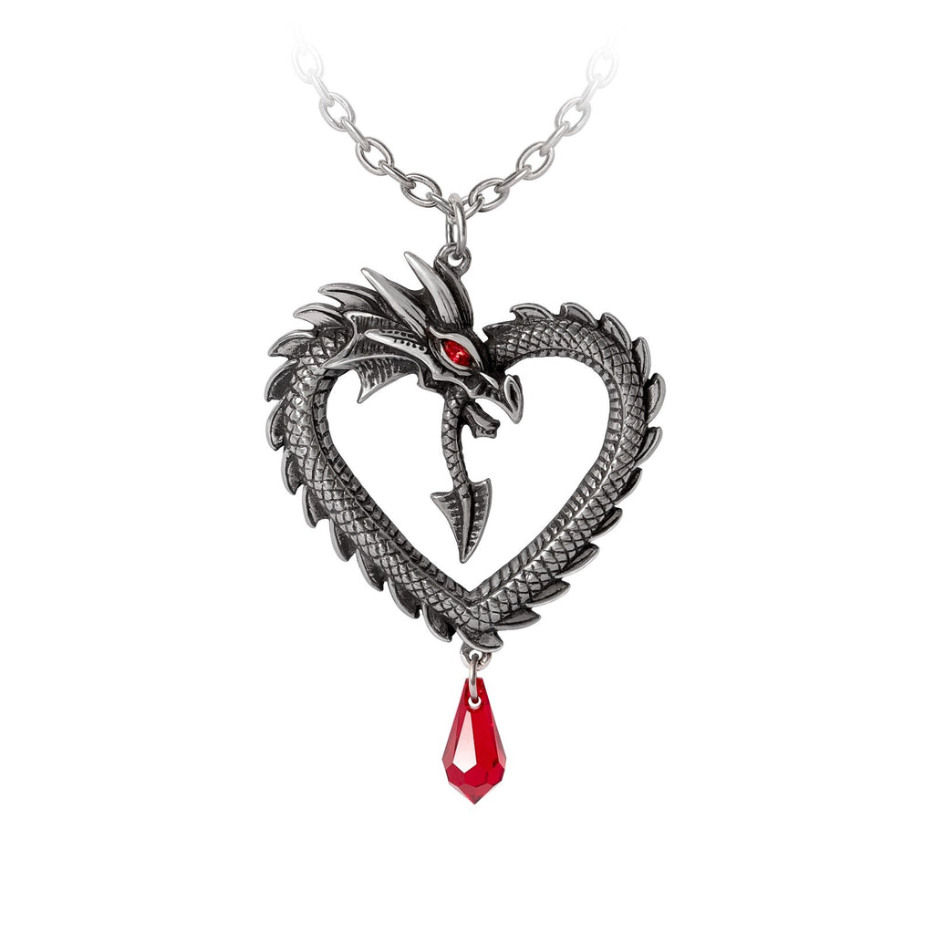 Dragon-shaped necklace with a red gem on a white background