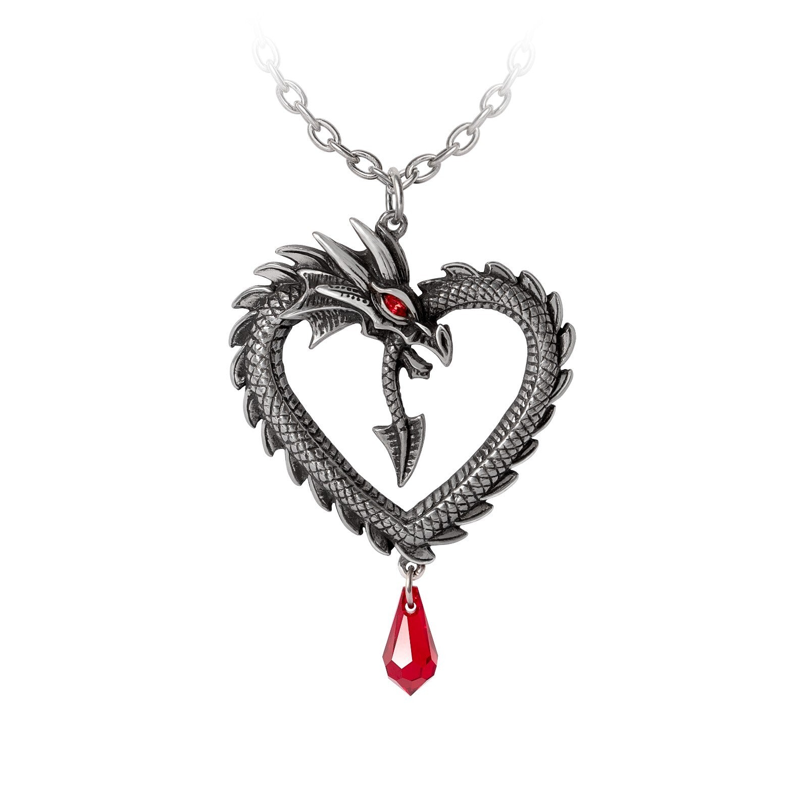 Dragon-shaped necklace with a red gem on a white background