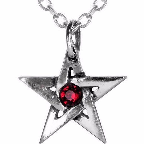 Silver star pendant with a red gemstone on a white background
