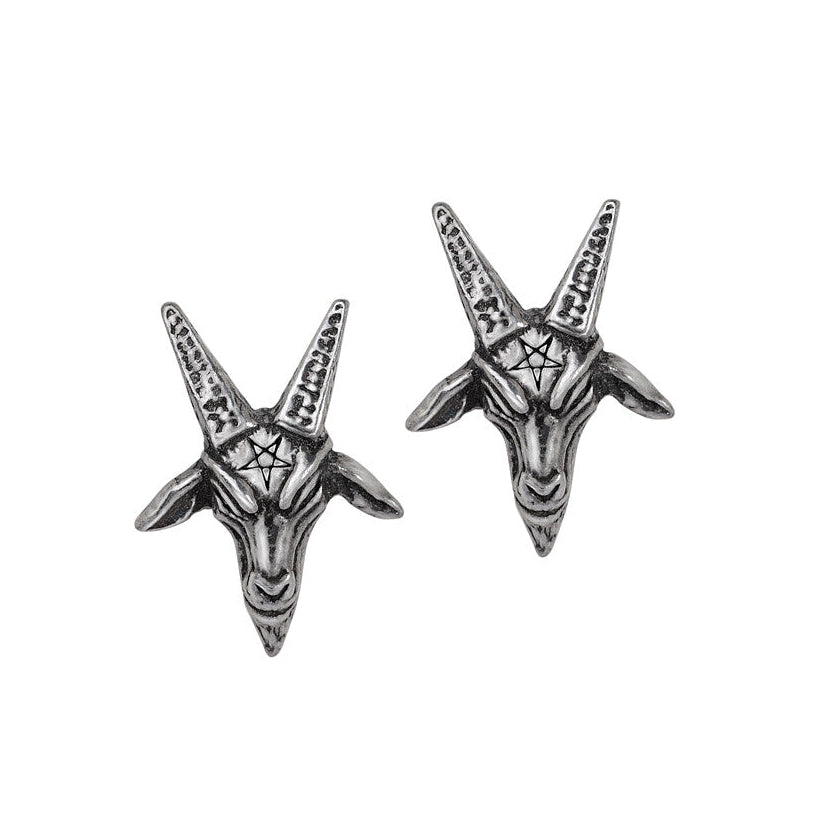 Pair of silver goat head earrings with pentagram design on a white background