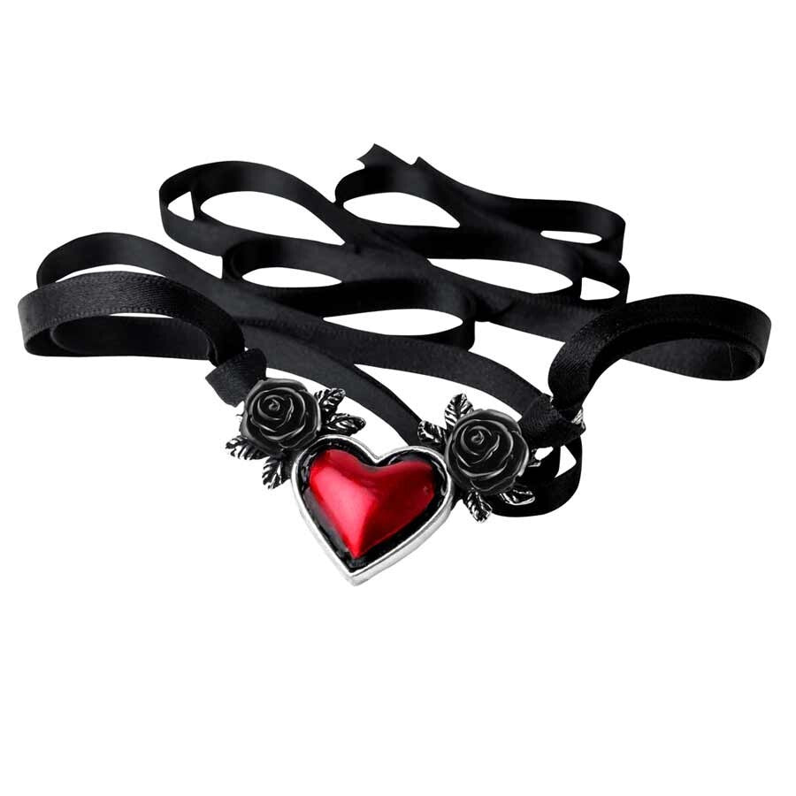 Alchemy Gothic Blood Red Heart Choker Ribbon Necklace P746