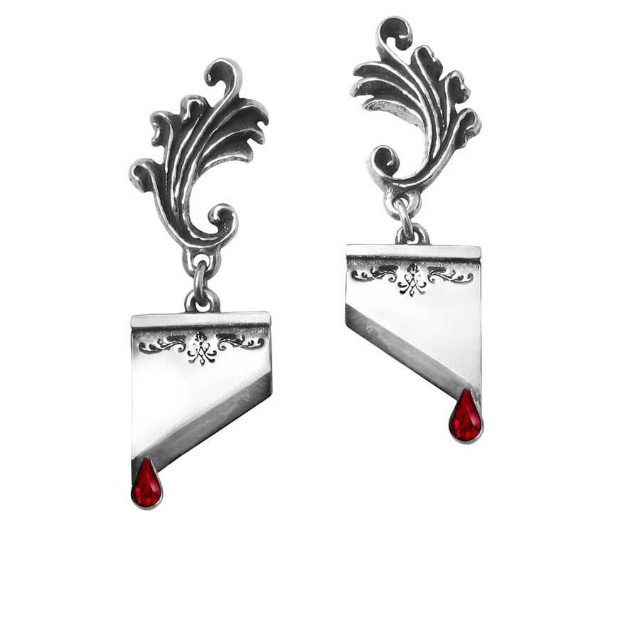Pair of silver earrings with red accents on a white background