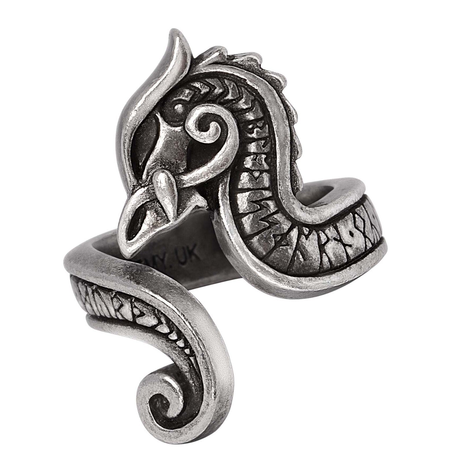 Silver ring with intricate designs on a white background