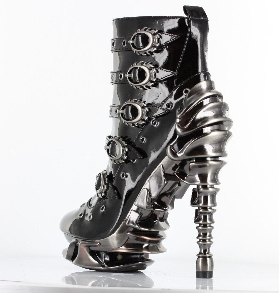 Hades MACHINA Black Vegan Patent Leather Buckles Boot