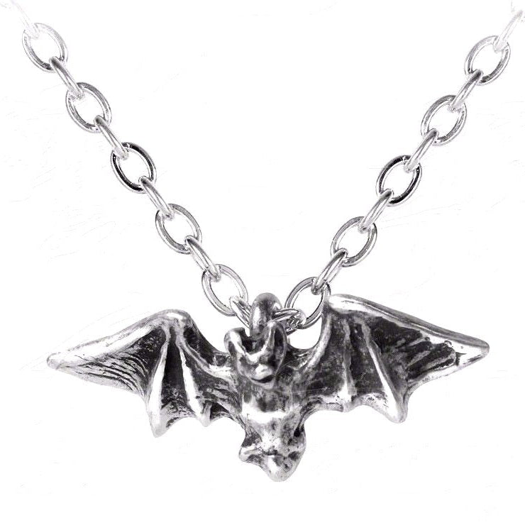 Silver bat pendant on a chain against a white background