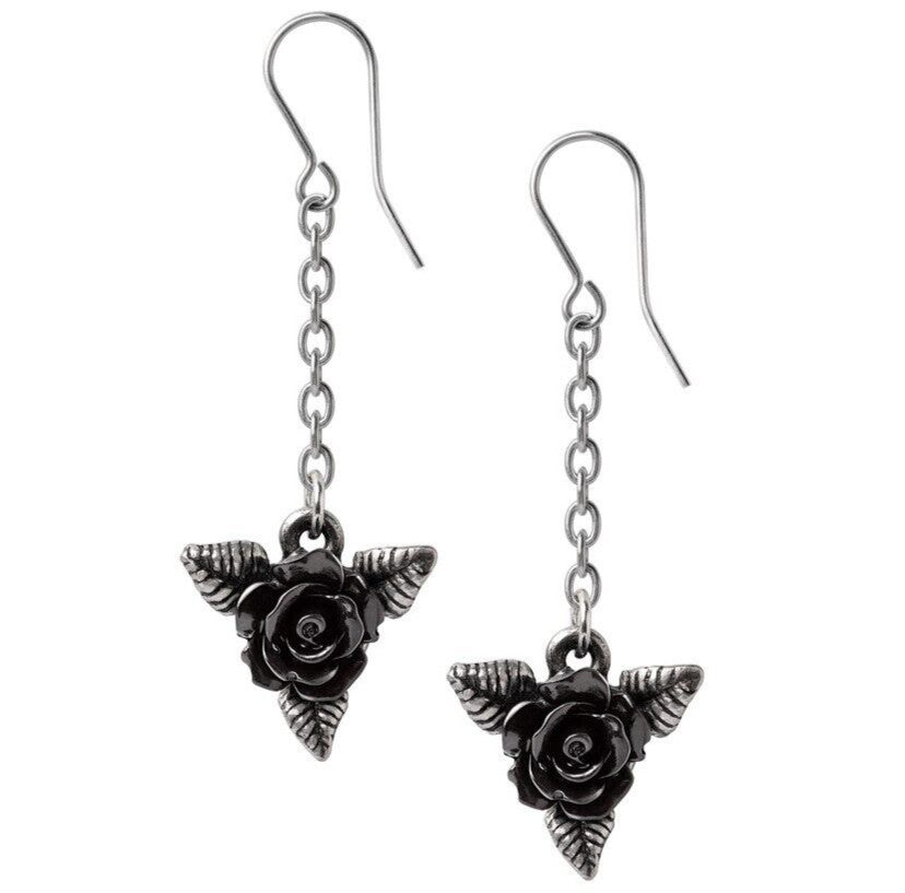 Alchemy Gothic Black Rose Dropper Earrings E472
