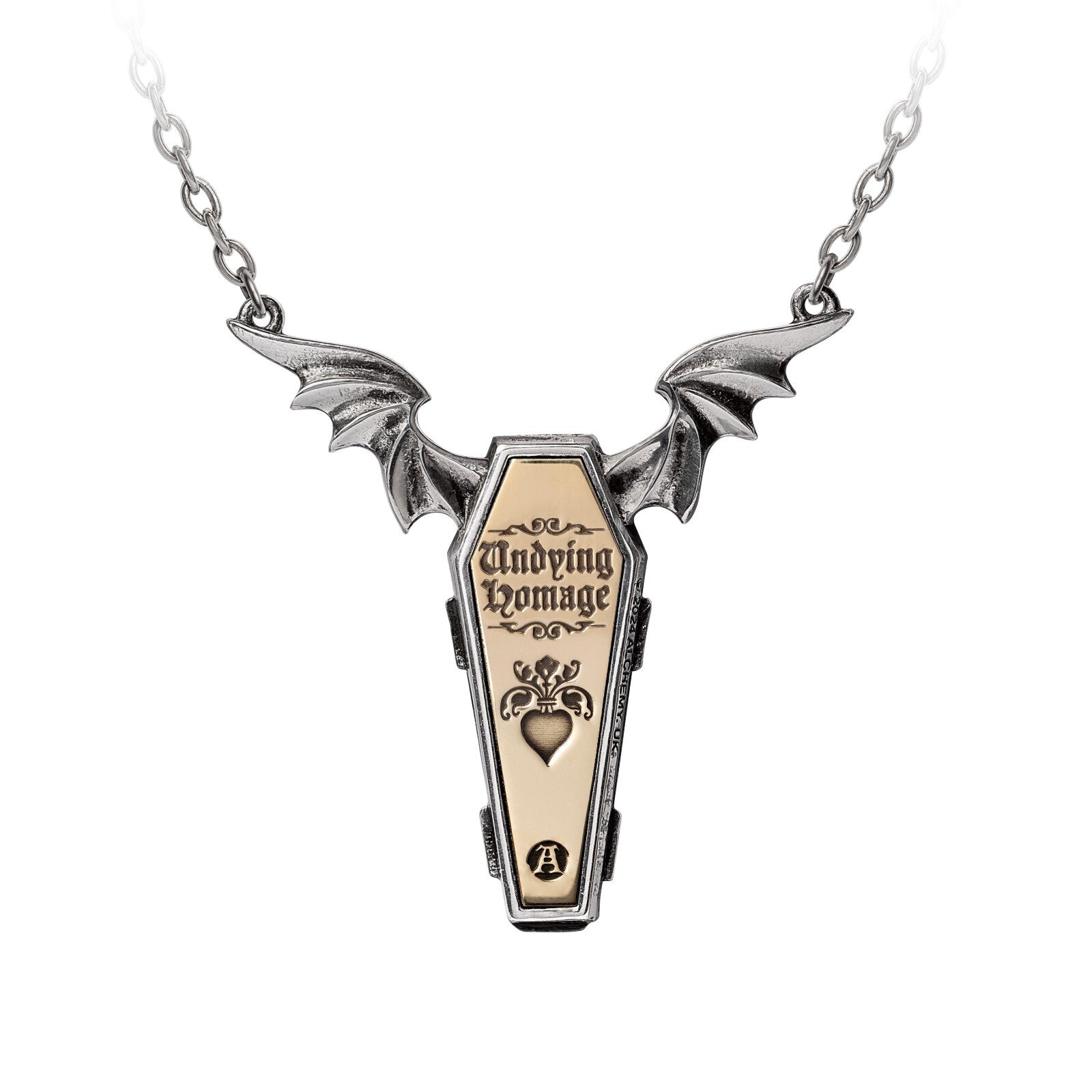 Bat-winged coffin pendant with 'Loving Homage' text on a white background