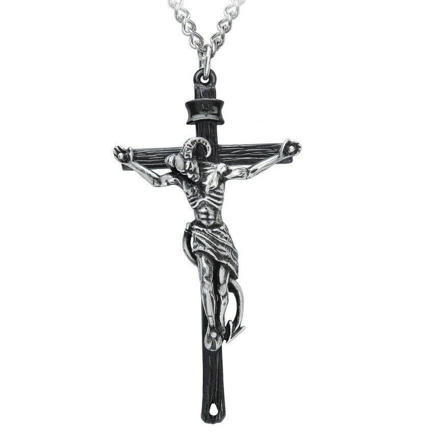 Silver crucifix pendant on a white background