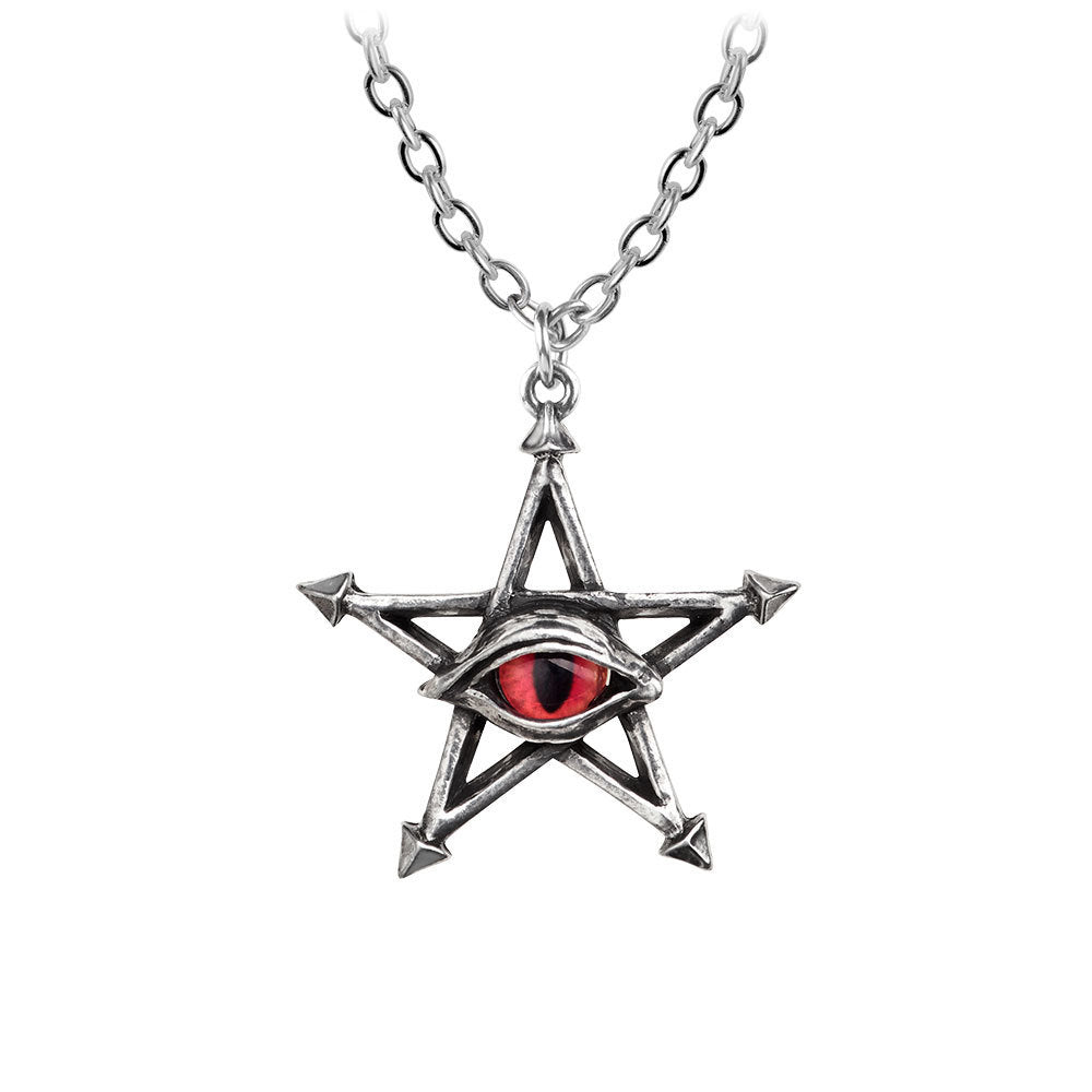 Star-shaped pendant with red eye design on a chain against a white background
