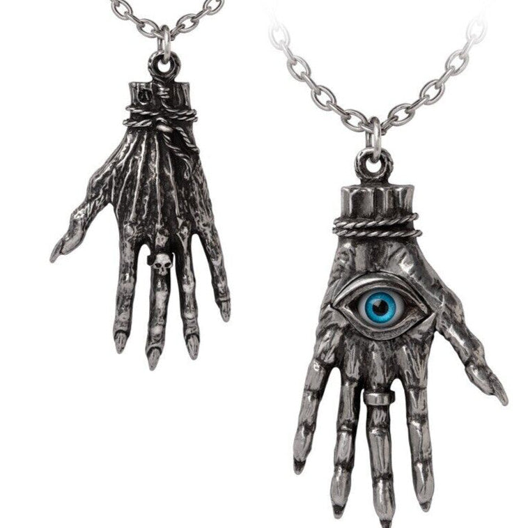 Two silver hand-shaped pendants on chains with intricate details.