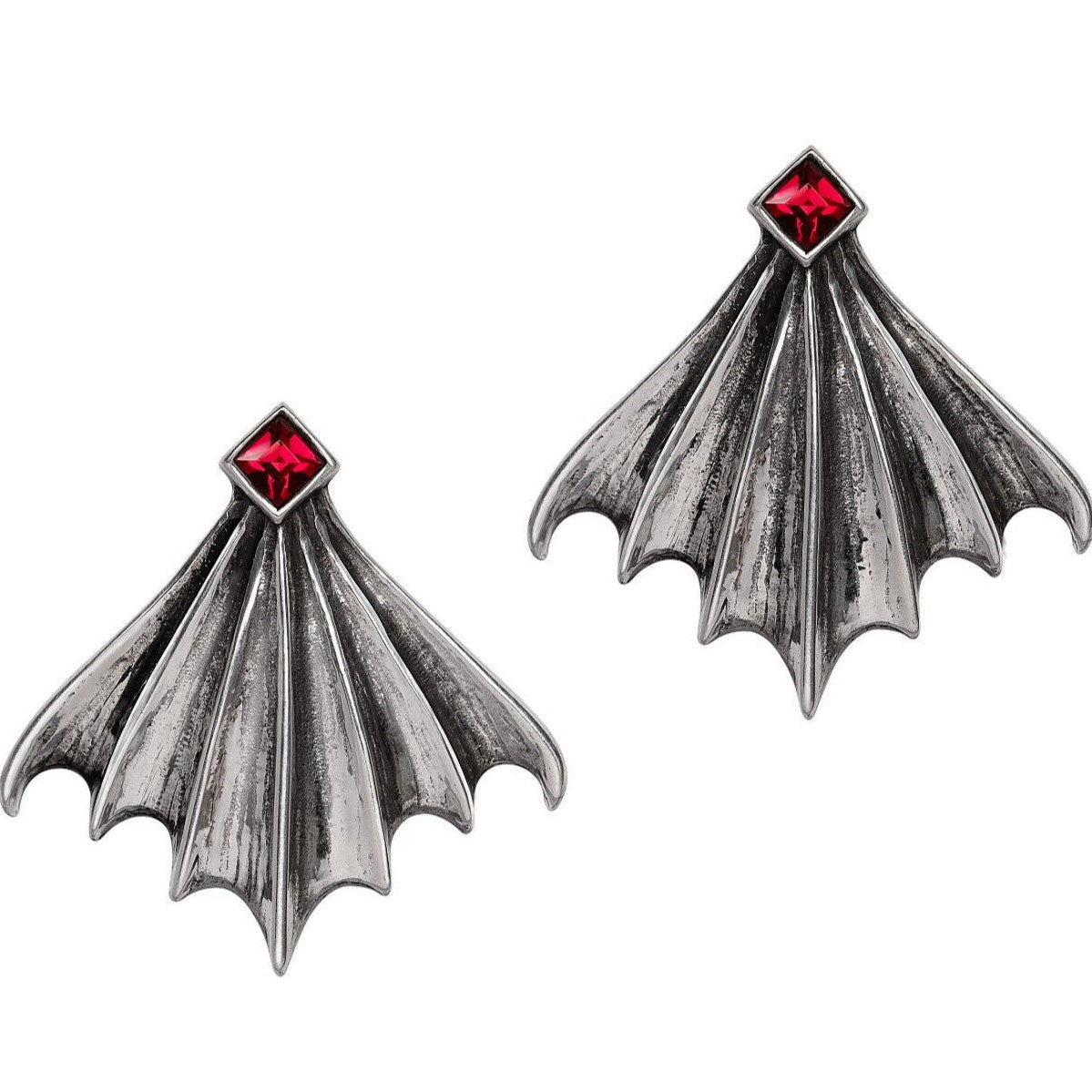 Gothic-style bat wing earrings with red gemstones on a white background