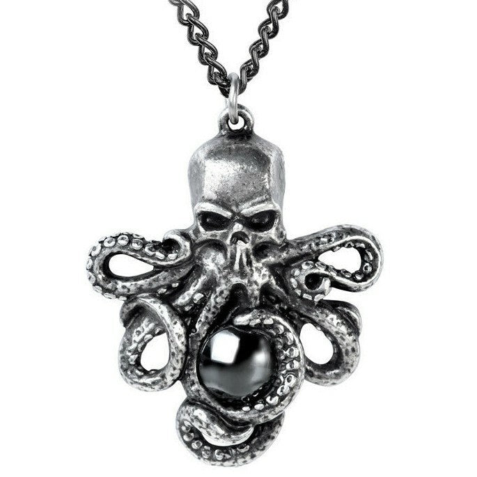 Silver octopus skull pendant with a chain on a white background