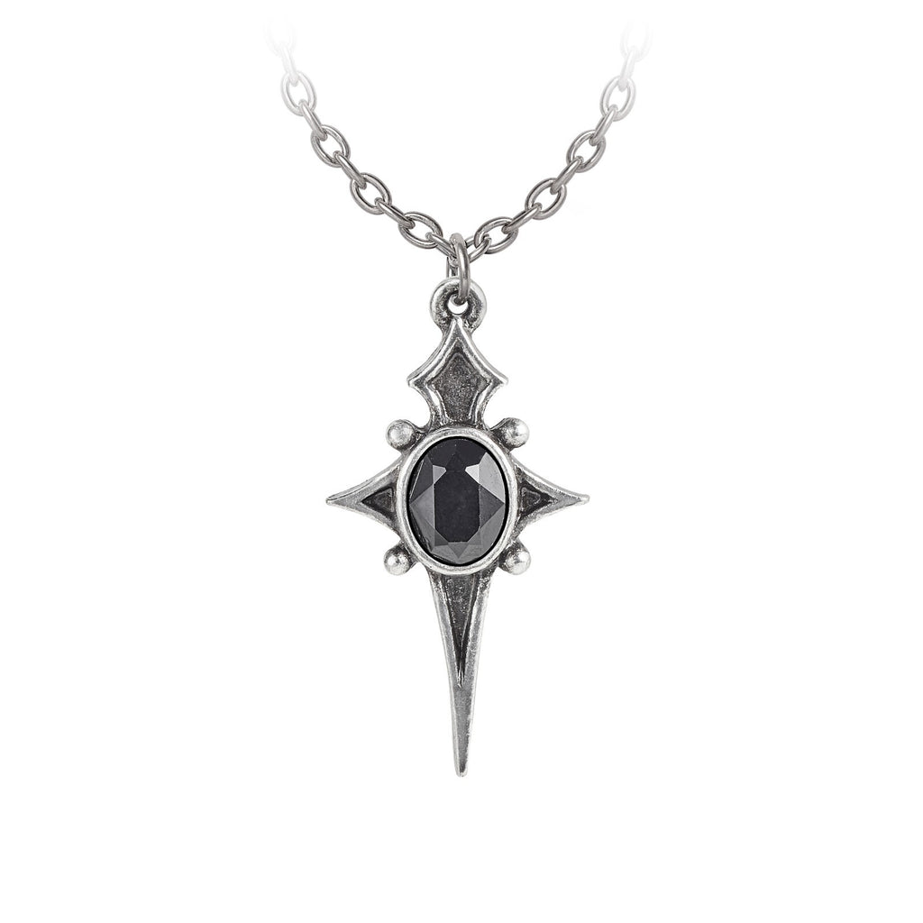 Silver necklace with a black gemstone pendant on a white background