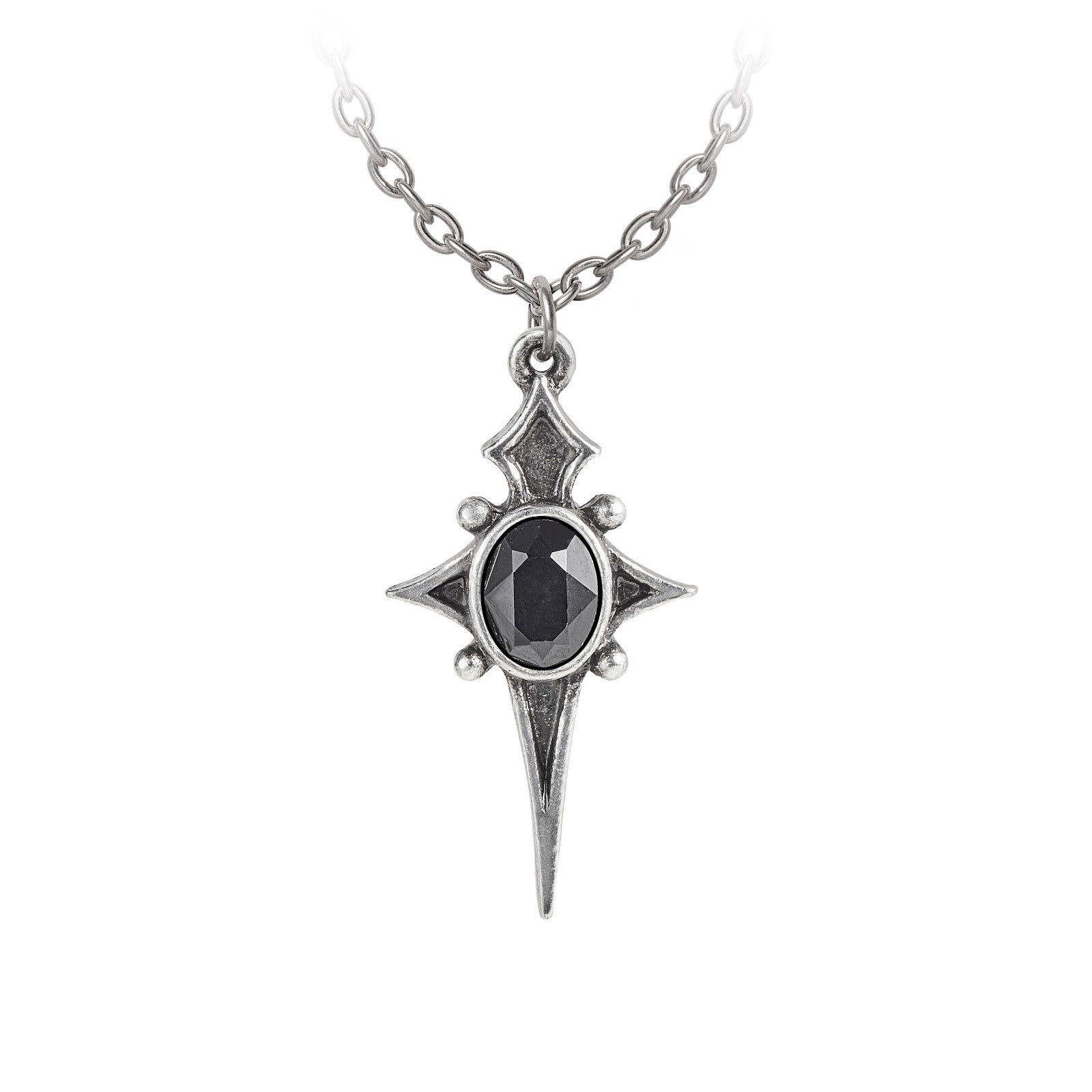 Silver necklace with a black gemstone pendant on a white background