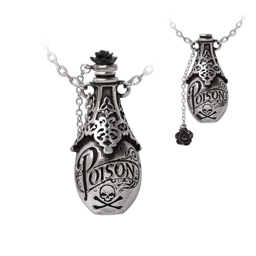 Silver 'Poison' bottle necklace with rose on a white background