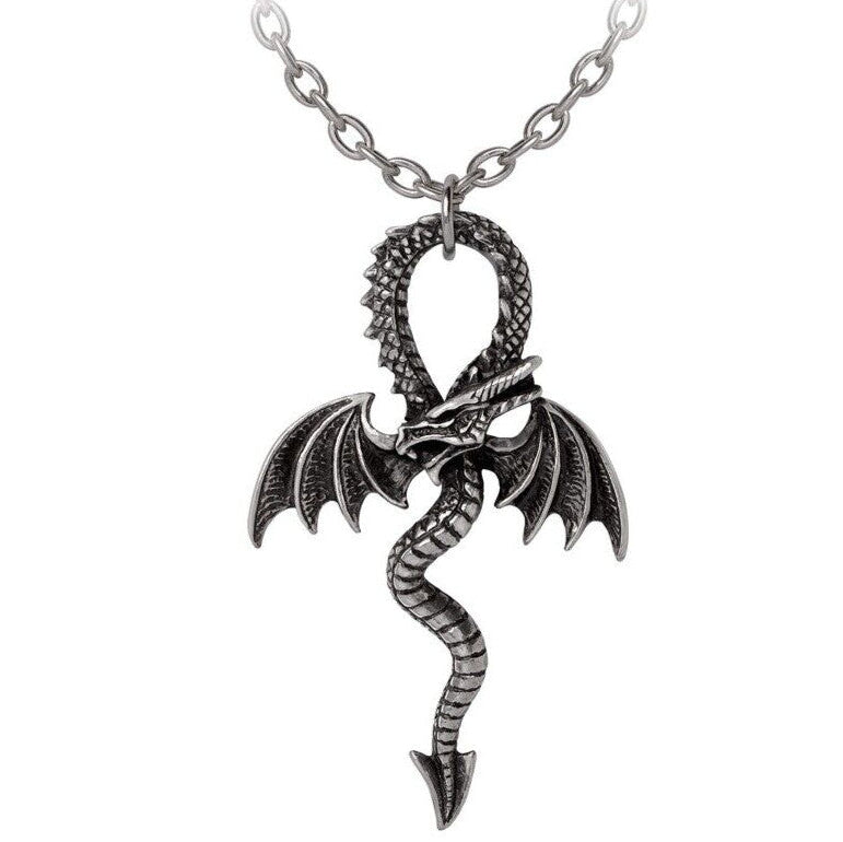 Silver dragon necklace on a white background