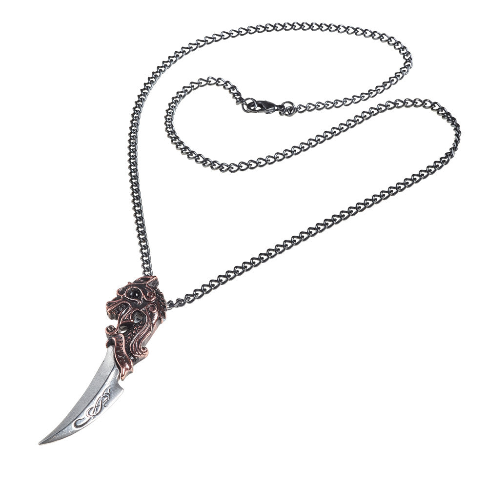 Silver knife-shaped pendant on a chain against a white background
