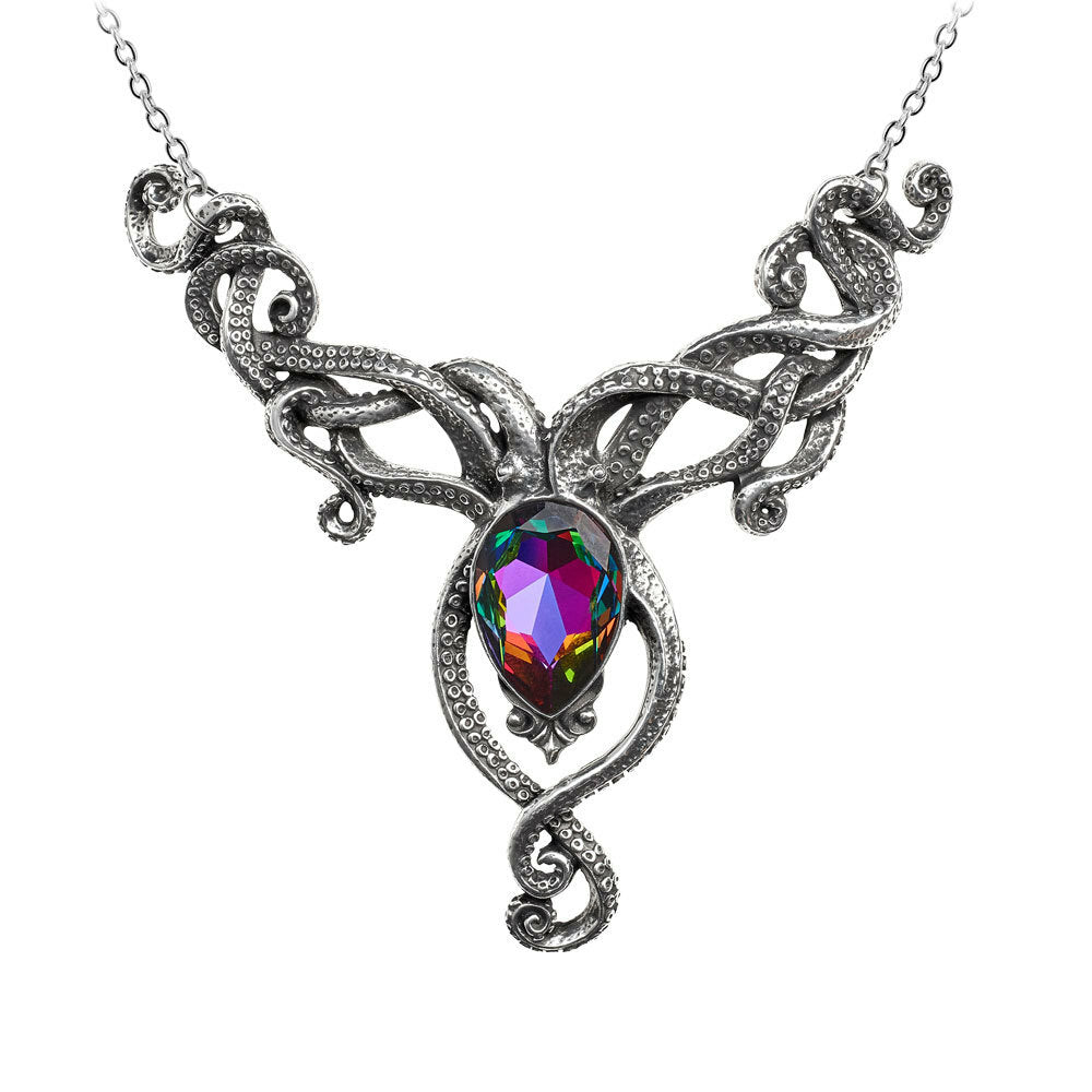Ornate necklace with a colorful gemstone on a white background