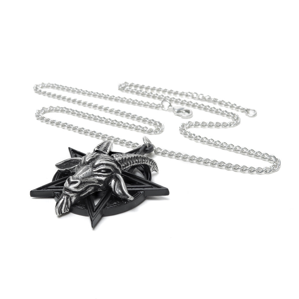 Silver necklace with goat head and star pendant on a white background
