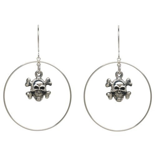 Femme Metale Fine Sterling Silver Crossbones Skull Hoop Earrings