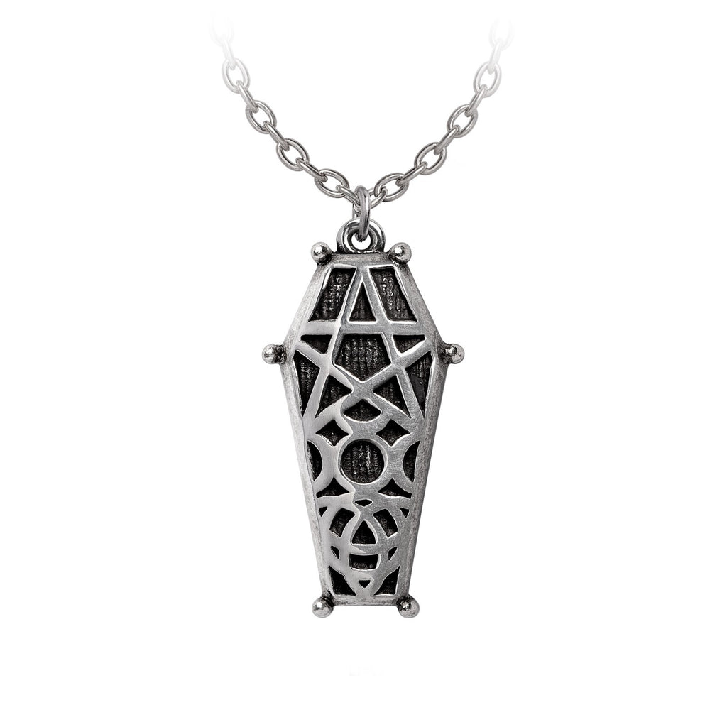 Silver coffin-shaped pendant necklace on a white background