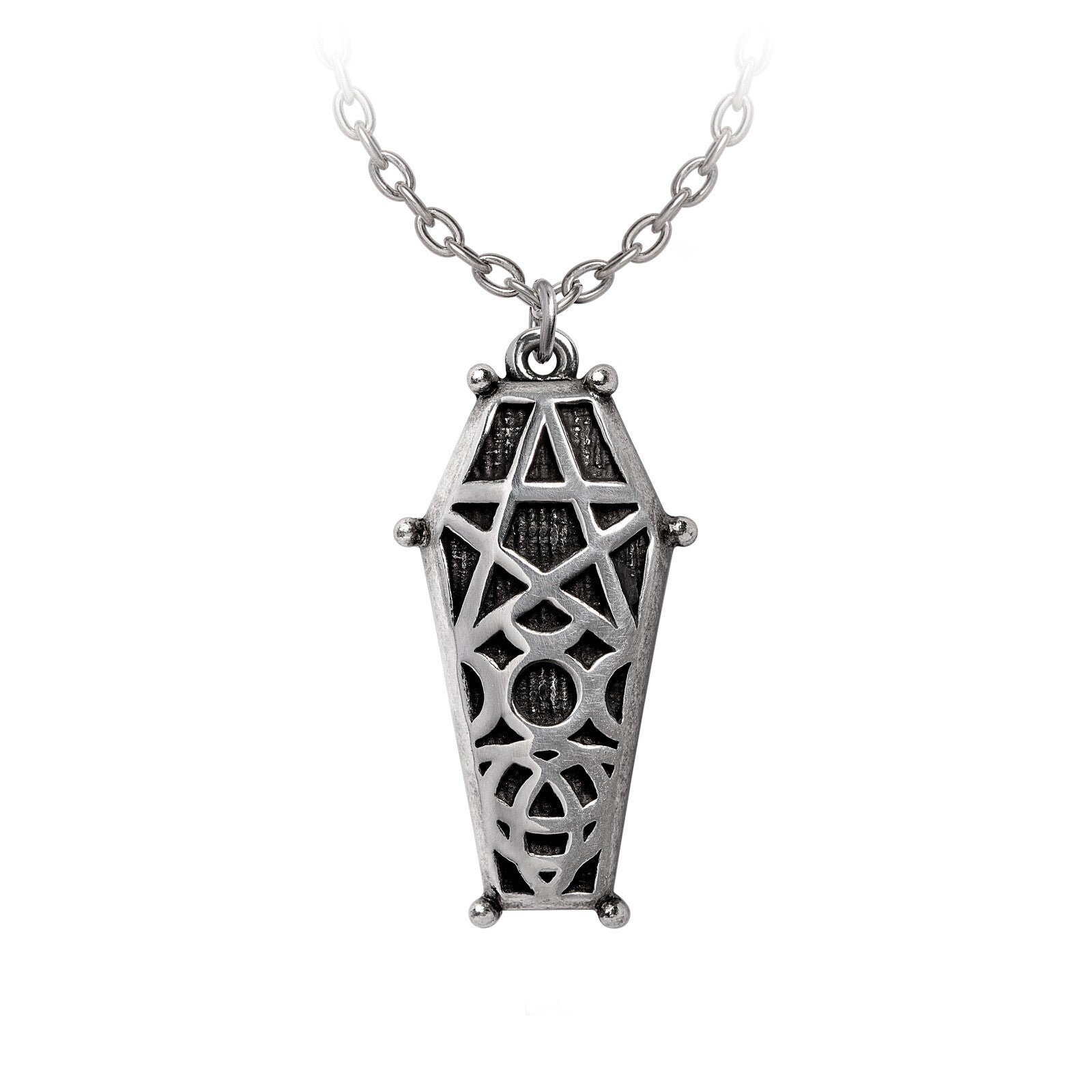 Silver coffin-shaped pendant necklace on a white background