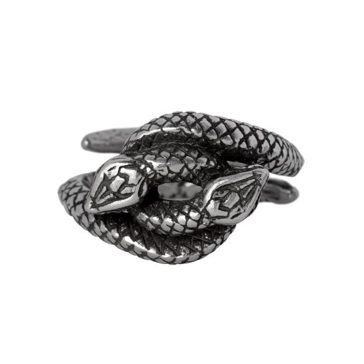 Silver snake-shaped ring on a white background