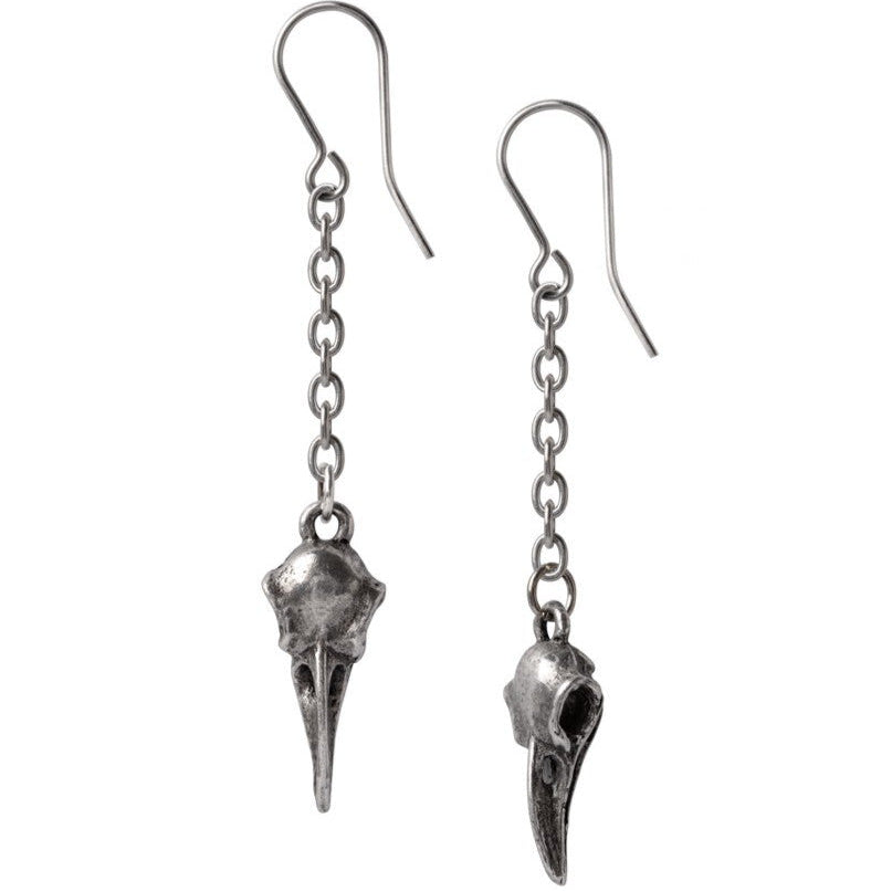 Pair of silver bird skull earrings on a white background