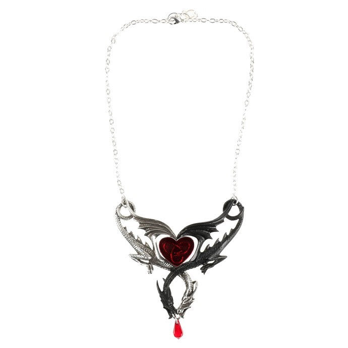 Necklace with a heart-shaped pendant and red gemstone on a white background