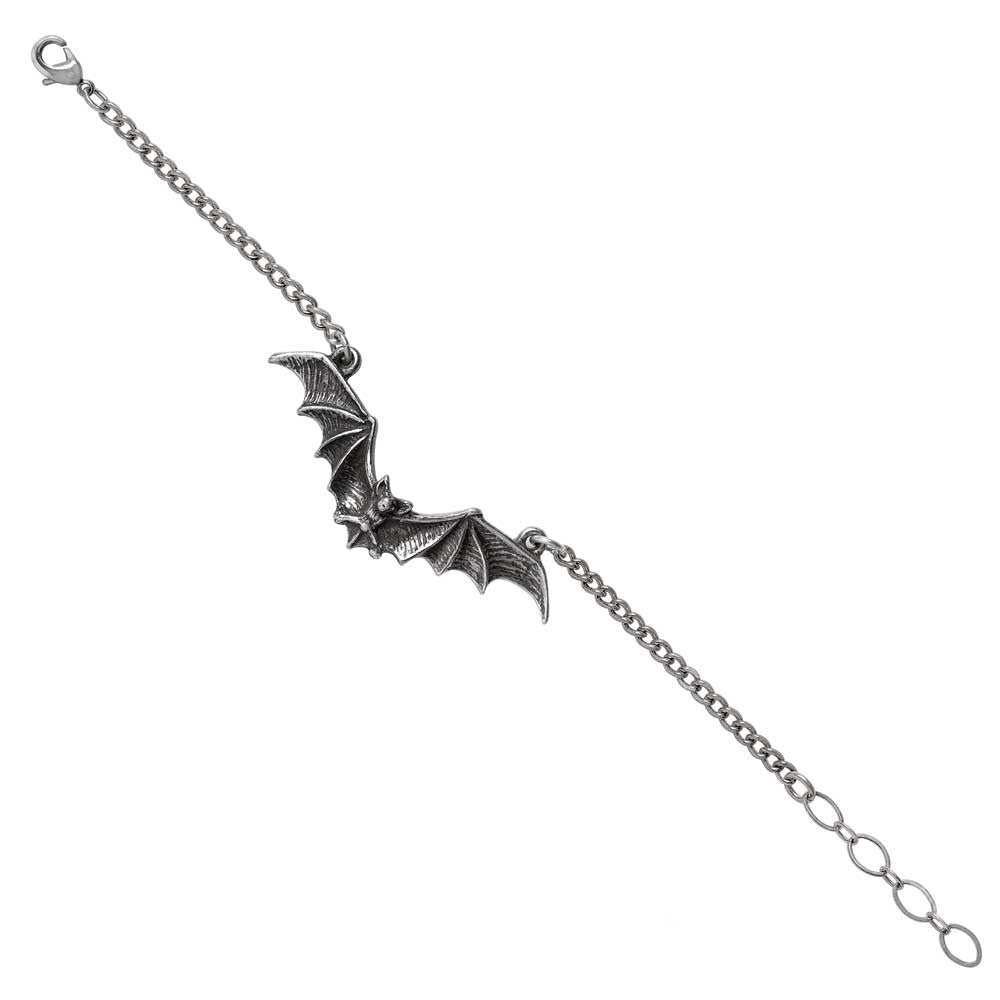 Silver bat-shaped bracelet on a white background