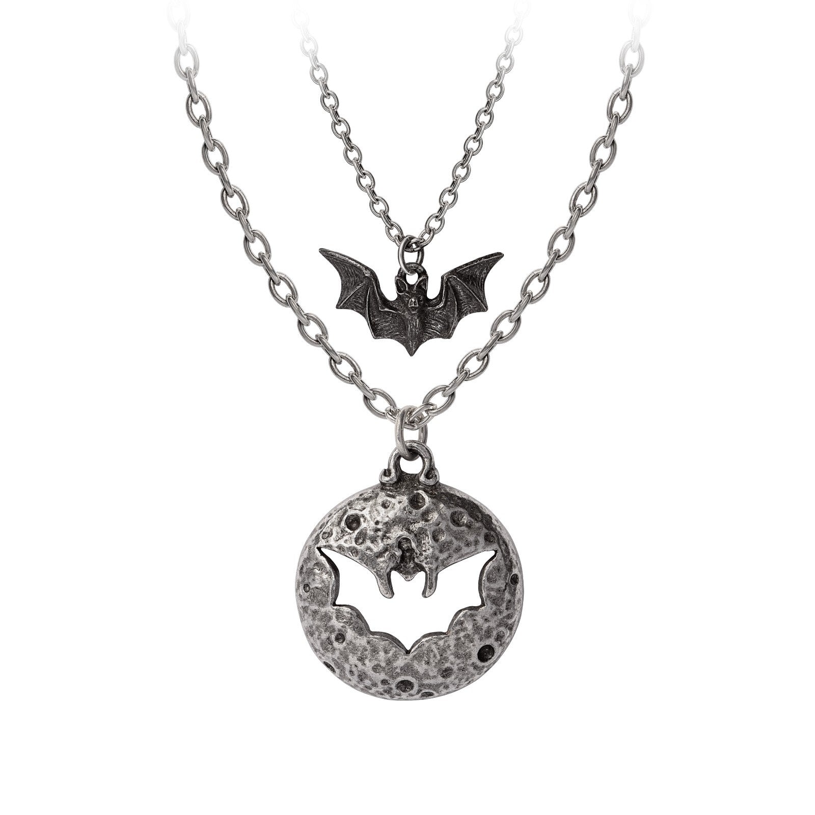 Necklace with bat and moon pendant on a white background