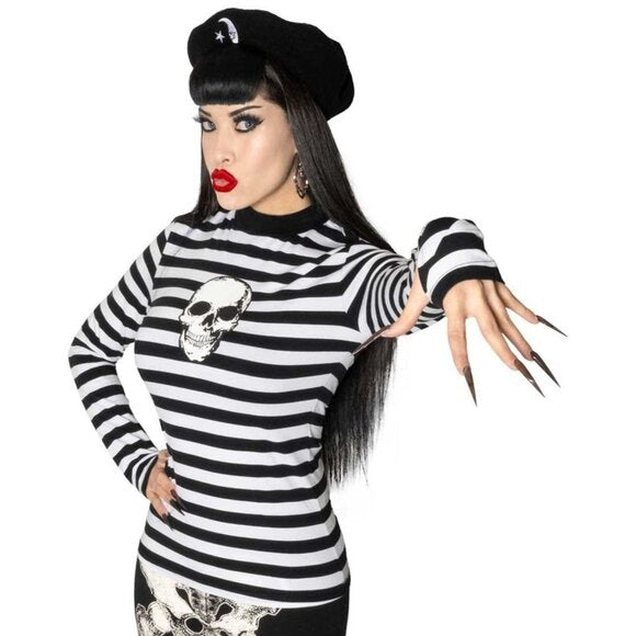 Kreepsville 666 Skull Black White Stripe LS Top Thumb Holes