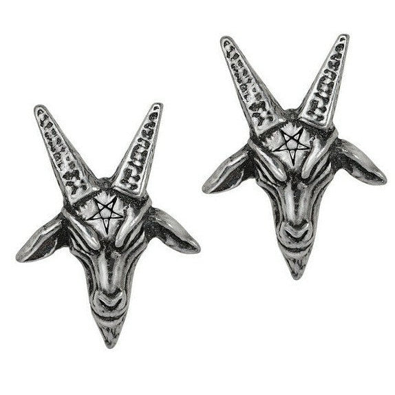 Pair of silver goat head earrings with star design on a white background