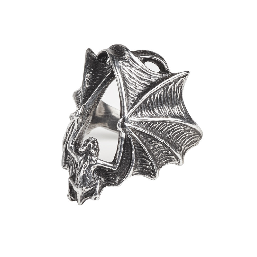 Metallic bat-shaped ring on a white background