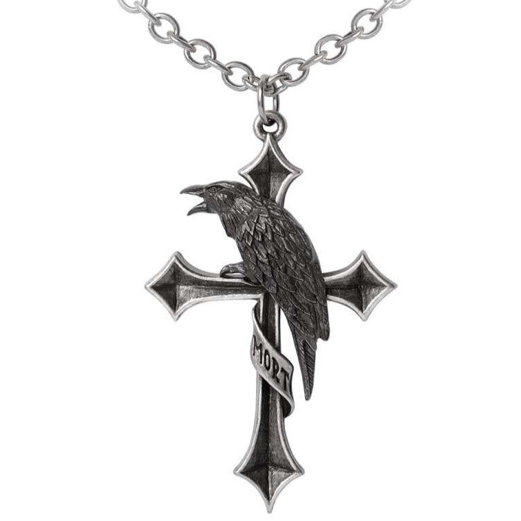 Silver cross pendant with a crow and 'Mort' on a chain against a white background