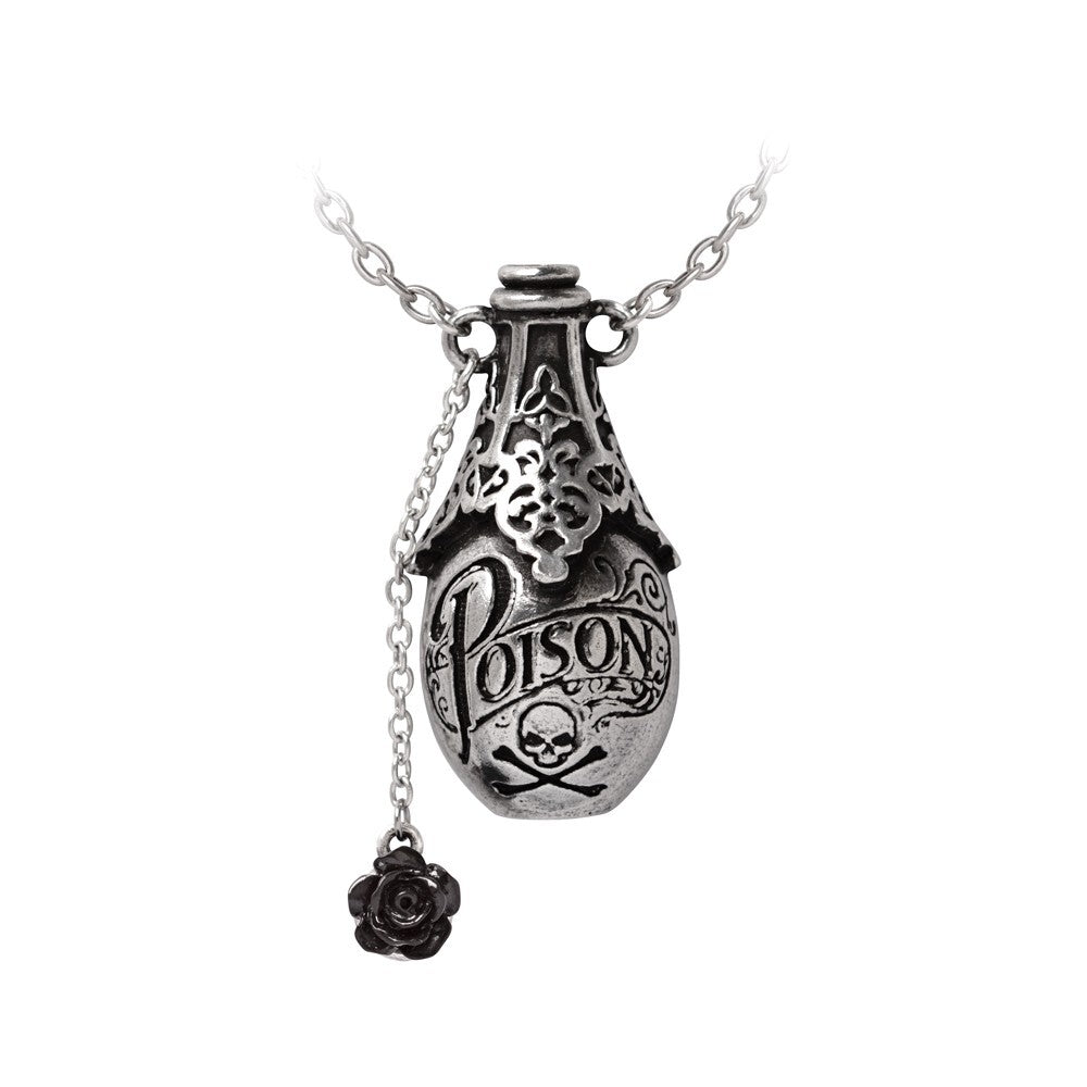 Silver 'Poison' bottle necklace with a rose on a white background