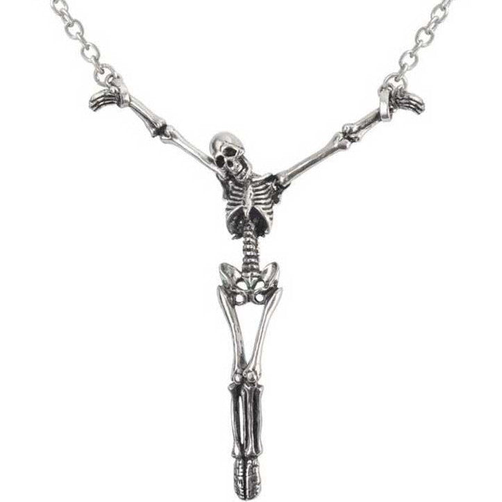 Silver skeleton pendant necklace on a white background