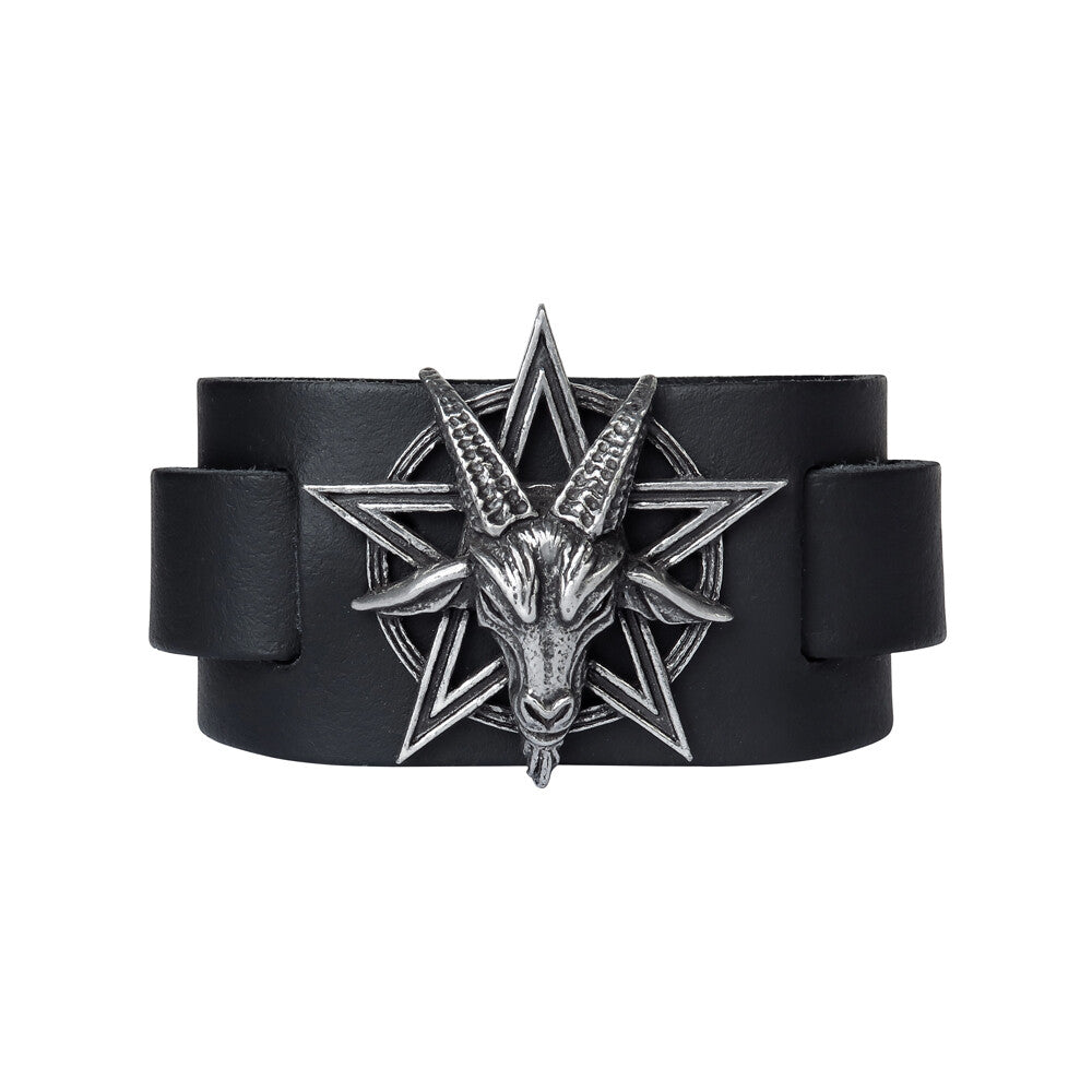 Black belt with a silver goat head and pentagram buckle on a white background