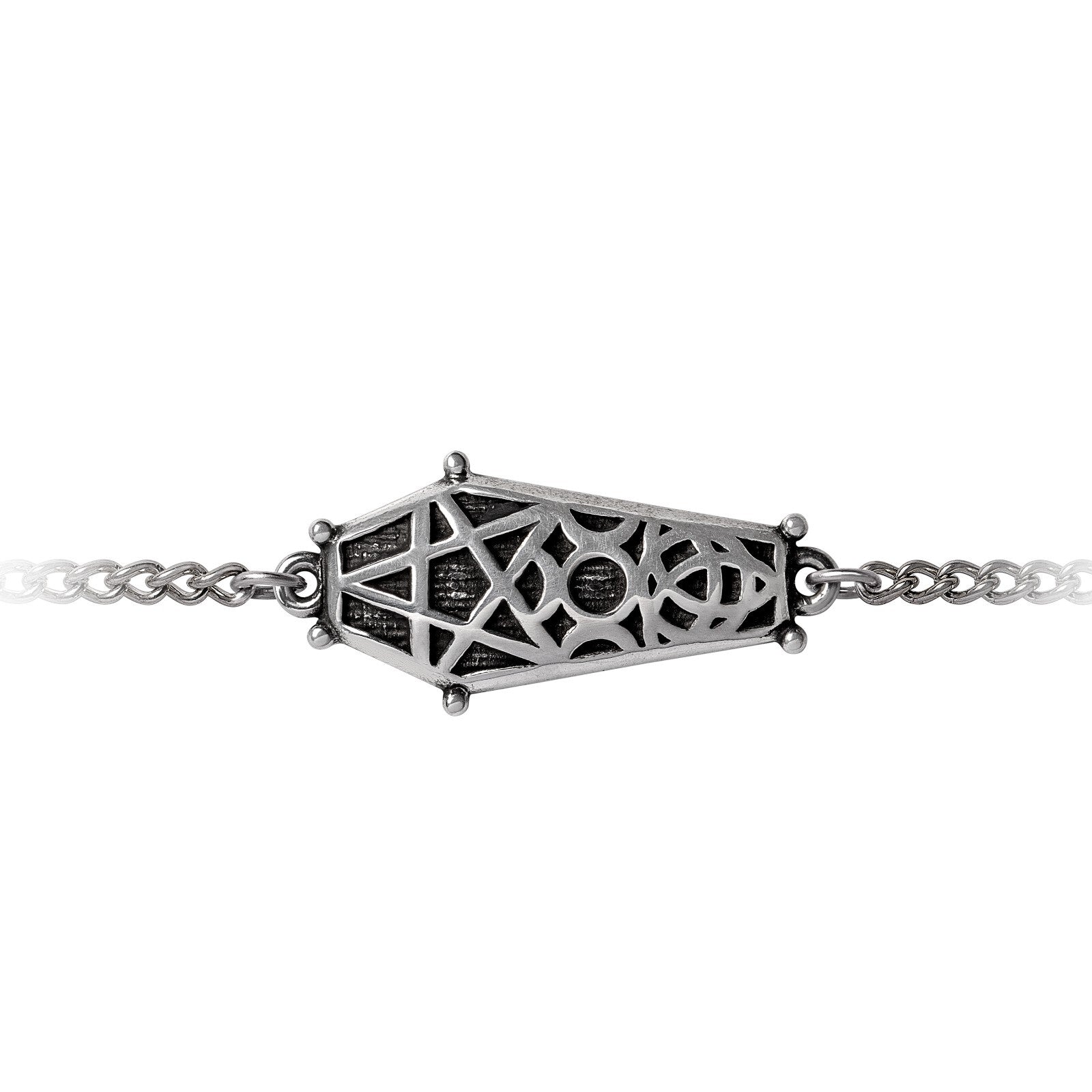 Silver bracelet with intricate design on a white background