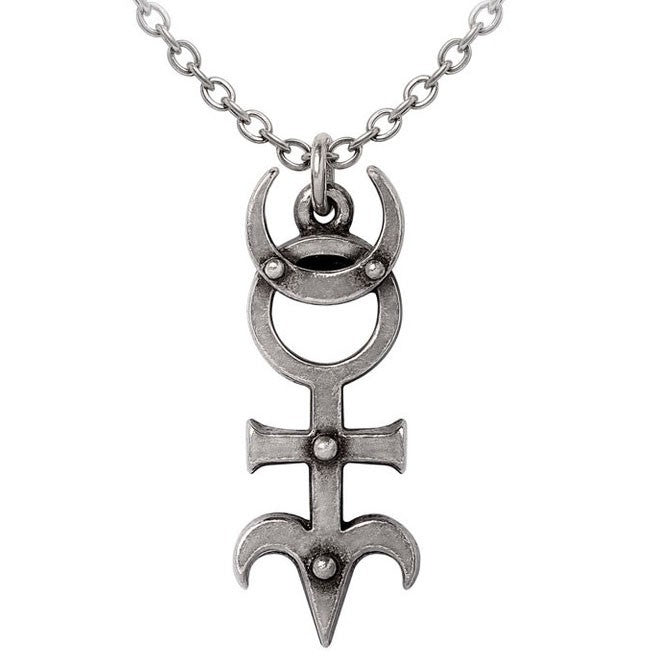 Silver pendant necklace with a unique design on a white background