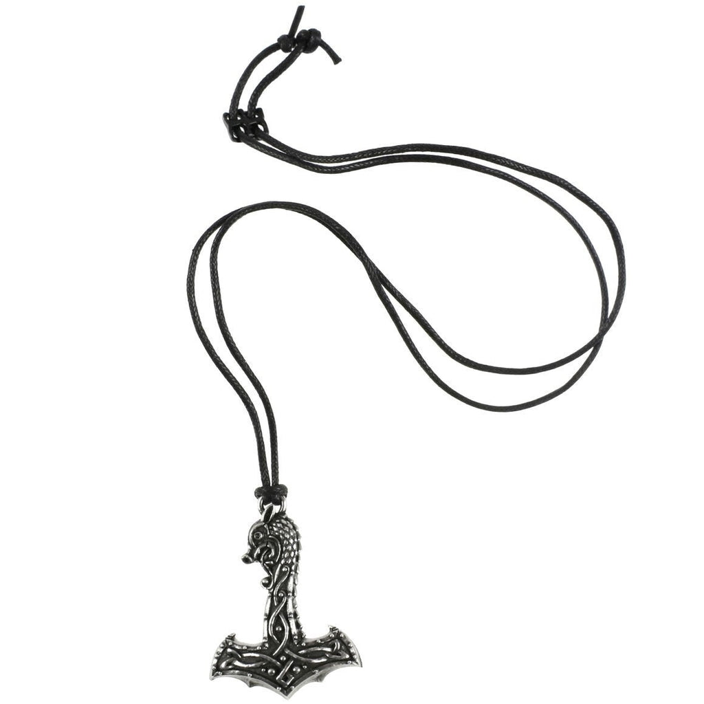 Black necklace with a Thor's hammer pendant on a white background