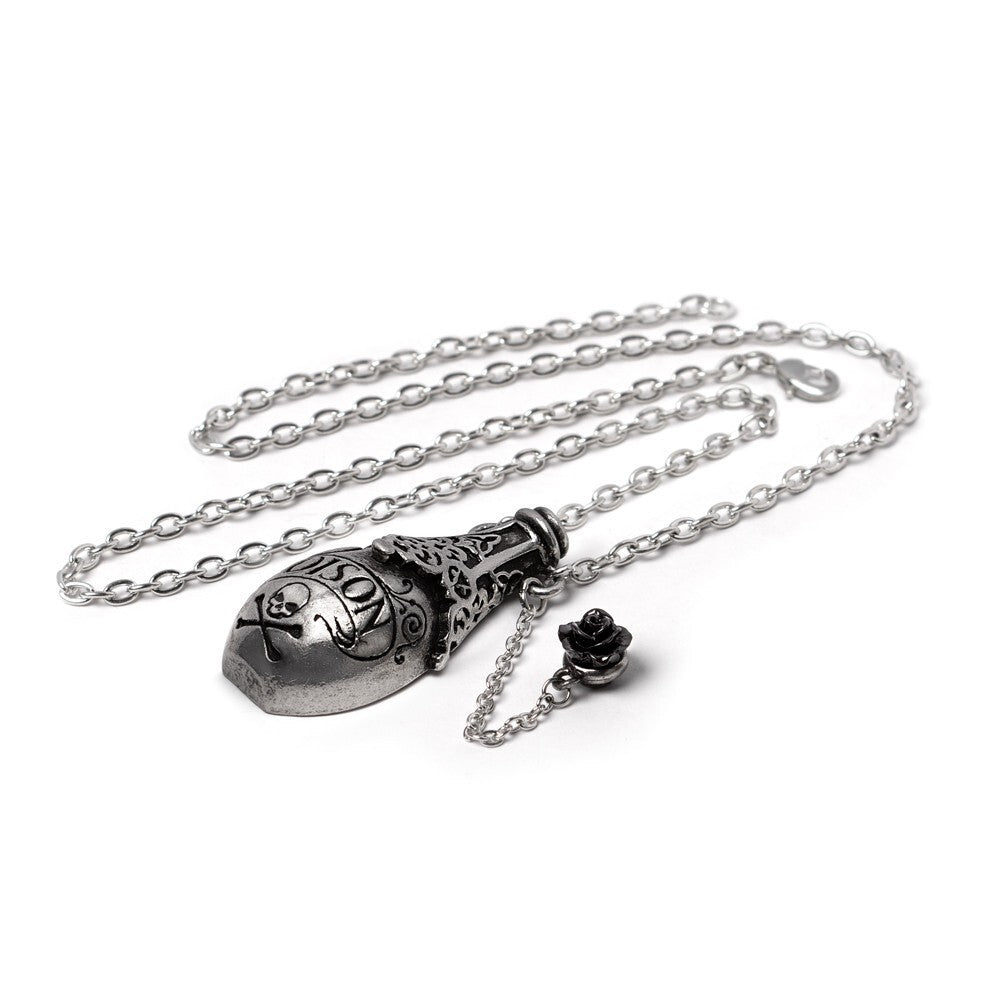 Silver necklace with a decorative pendant on a white background