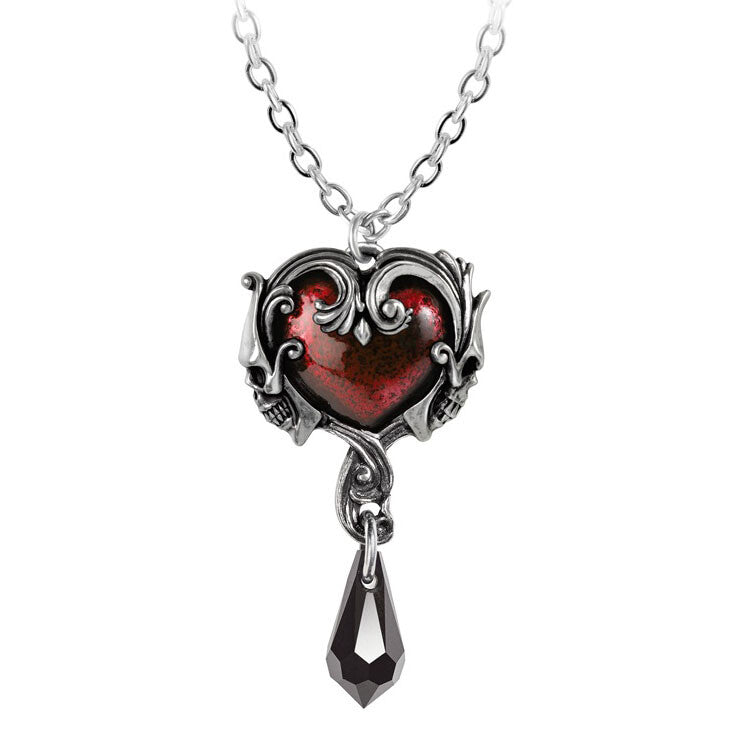 Heart-shaped pendant with red center and silver chain on white background