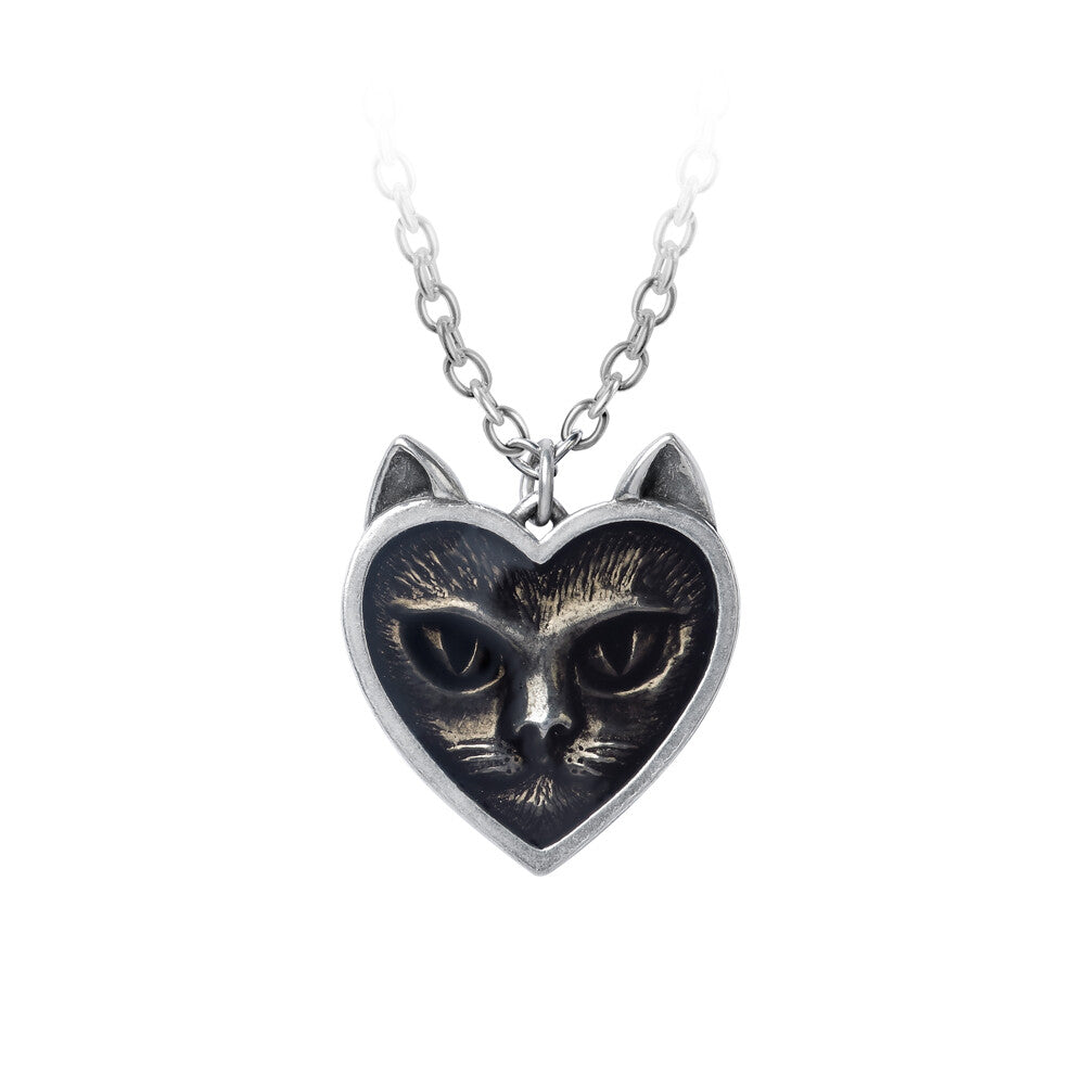 Heart-shaped cat pendant necklace on a white background