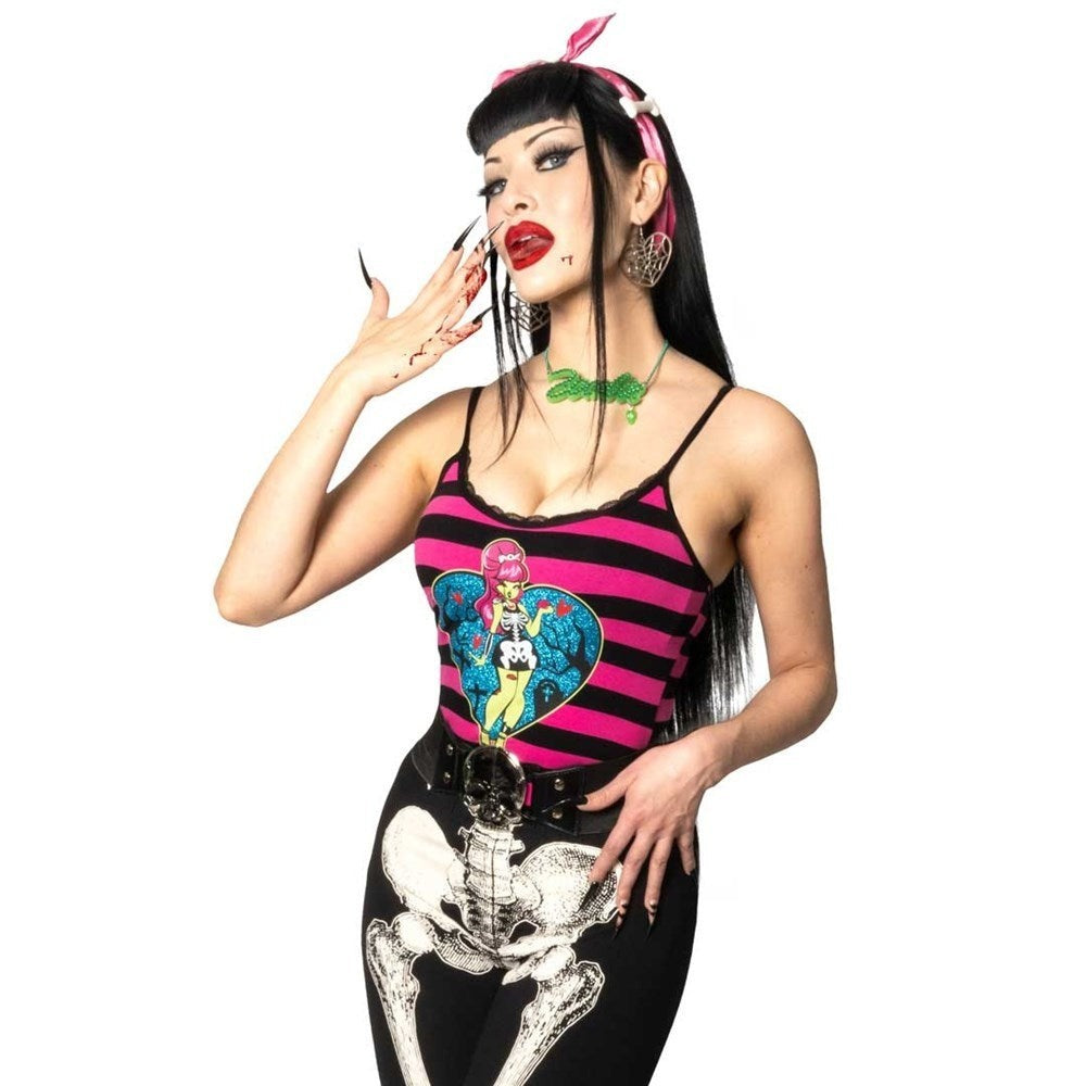 Kreepsville Pink Black Stripe Zombie Girl Lace Camisole Top