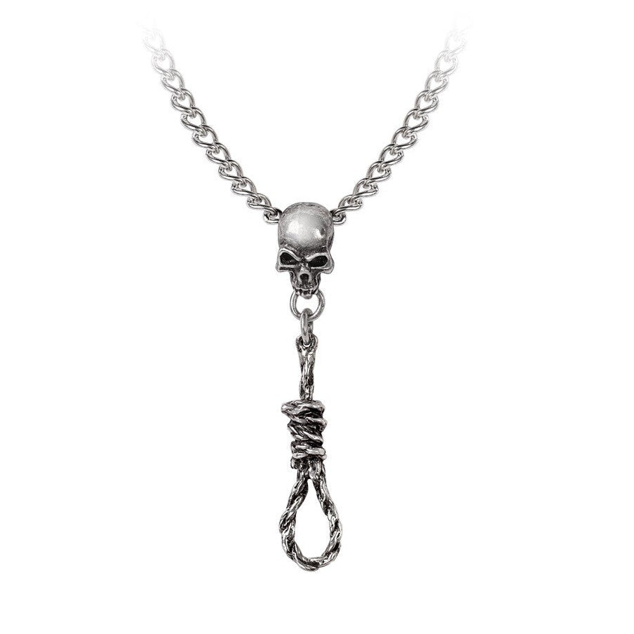 Silver necklace with skull and noose pendant on a white background
